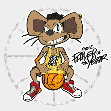 Mouse basketball player seated on a basket ball with a grin on his face. Mouse basketball mascot best player of the year.