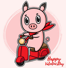 Valentine piglet cute cartoon, hand drawn illustration Pig for Valentine day ,Pink Pig Lover vector for Valentine day ,Pig Character design for Valentine card.