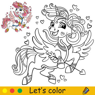 Coloring with template flying unicorn with bow vector