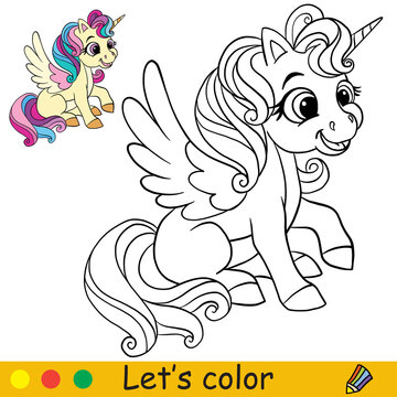 Coloring with template cute sitting unicorn vector illustration