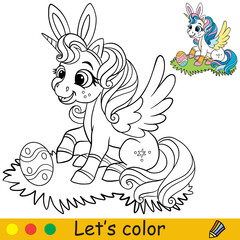 Coloring with template cute sitting easter unicorn vector illustration