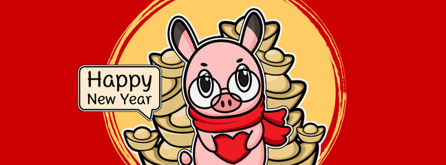 Piglet cute cartoon, hand drawn illustration Pig for Chinese new year day ,Pink Pig Lover vector Character design for Chinese new year card.