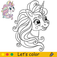 Coloring with template funny unicorn head vector illustration