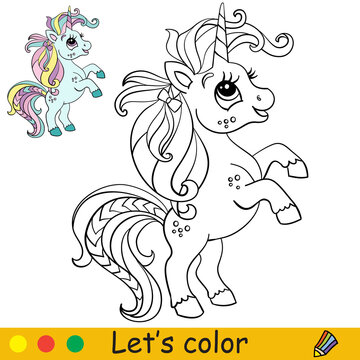 Coloring with template funny turquoise unicorn vector illustration