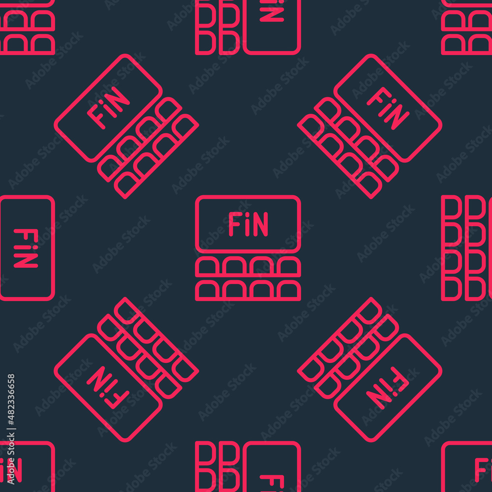 Poster red line cinema auditorium with screen icon isolated seamless pattern on black background. vector