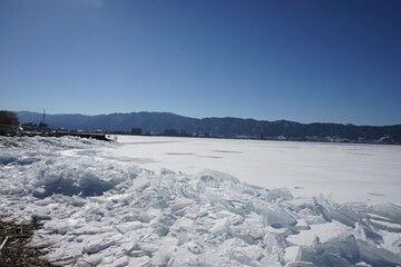 御神渡りが期待される凍った諏訪湖と湖岸に漂着した氷のブロック - obrazy, fototapety, plakaty