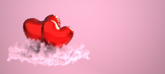 2 Loving Hearts Balloon On Cloud - obrazy, fototapety, plakaty