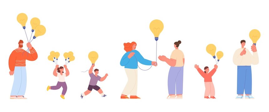 Creative ideas. Adults children with new idea, happy creativity. Sharing thoughts and inspire. Collaboration and business start metaphor, vector characters