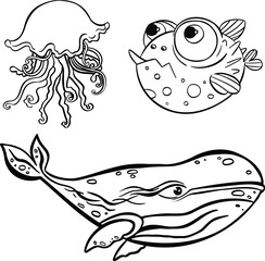 Set of line marine fish symbol vector hand drawn