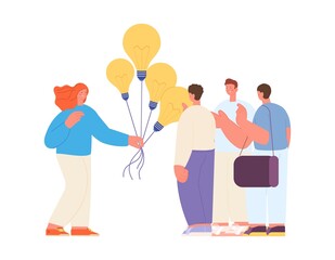 Girl sharing ideas with men. Creative woman and people group, business development or start up. Colleagues support, share metaphor vector concept