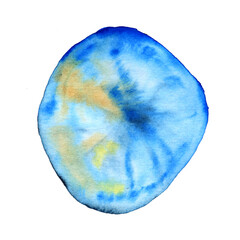 Watercolor fish scale, blue stains. Ocean and sea fish. Squama for seafood restaurant. Hand drawn logo, circle and oval shape. Raster stock illustration, isolated on white background.