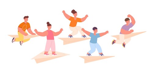 Happy children flying on paper planes. Kids competition or joyful play. Isolated girls and boys groups, little team leader fly to success, vector concept