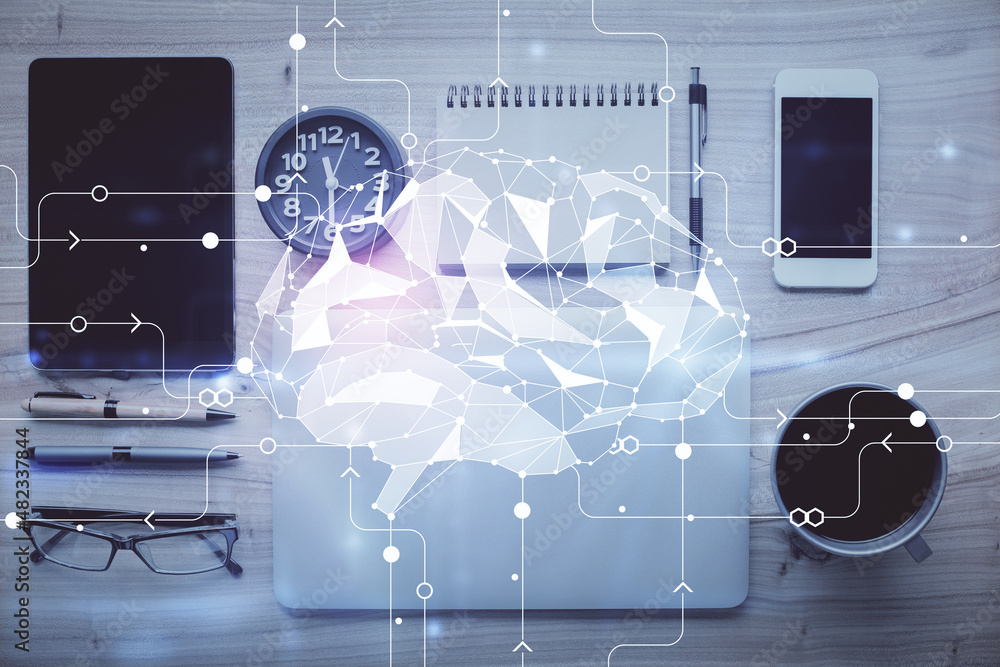 Aufkleber double exposure of brain drawing over work table desktop. top view. global data analysis concept.