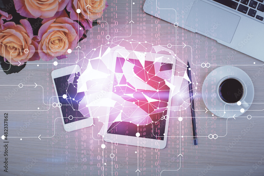 Poster double exposure of brain drawing over work table desktop. top view. global data analysis concept.