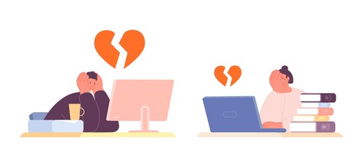 Online love end. Quarrel and frustration, online relationship. Sad man on woman with laptop. Web divorce, modern friendship in internet, vector concept