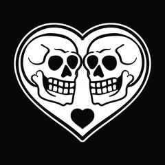 a pair of skulls in a heart hand-drawn black and white illustration premium vector