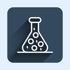 White line Test tube and flask chemical laboratory test icon isolated with long shadow background. Laboratory glassware sign. Blue square button. Vector