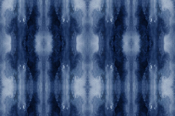 Fototapeta premium Modern watercolor kaleidoscopic indigo blue seamless pattern in batik, shibori or tie dye style.