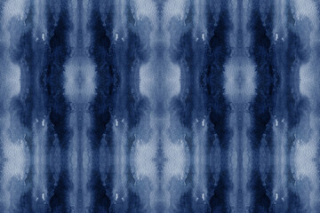 Modern watercolor kaleidoscopic indigo blue seamless pattern in batik, shibori or tie dye style.