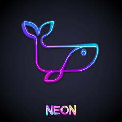 Glowing neon line Whale icon isolated on black background. Vector