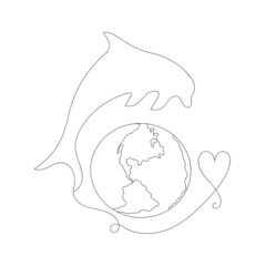 hand-drawn silhouette of a dolphin in one line and the planet Earth with a heart. Vector illustration isolated on a white background