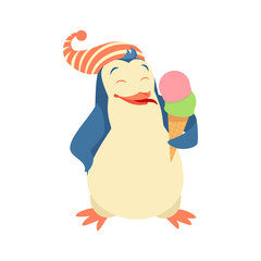 Cartoon penguin with ice cream in the cap