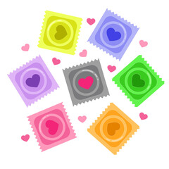 set of colorful condoms with hearts - obrazy, fototapety, plakaty