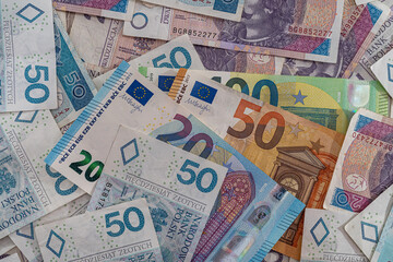 Fototapeta na wymiar pln polish money and euro bills as finance background