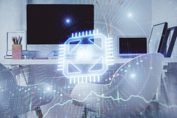 Double exposure of data theme drawing and office interior background. Concept of technology.