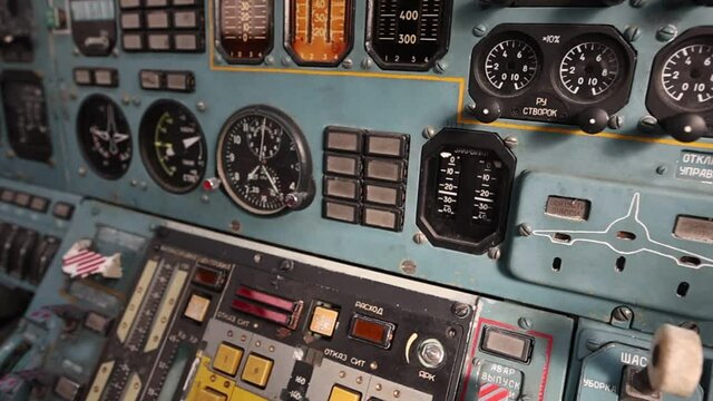 The central panel of the Russian strategic missile carrier Tu-160. Very close. Bomber cockpit. Museum exhibit. Full hd.120 fps