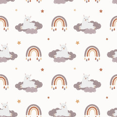 Seamless vector pattern with llama (alpaca), rainbow, stars and clouds. Baby background for wrapping paper, greeting cards, design. © Alina