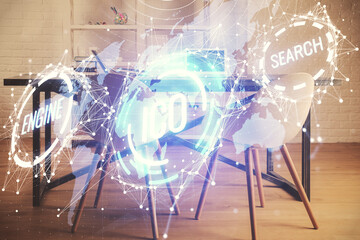Double exposure of crypto technology theme drawing and office interior background. Concept of...