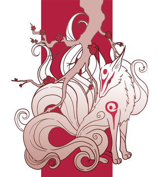 vector abstract illustration of japanese fantasy creature nine tailed fox kitsune with branch