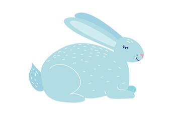 Vector cute rabbit with closed eyes  in hand drawn flat style isolated on white background. Easter bunny illustration