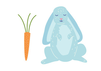 Vector cute rabbit with closed eyes and carrot hand drawn in flat style isolated on white background. Easter bunny illustration