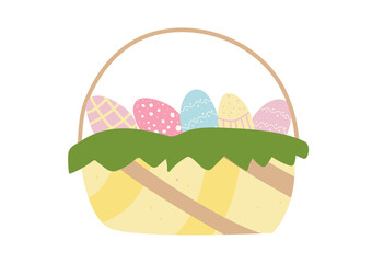 Vector easter basket with colorful eggs in flat hand drawn style isolated on white background