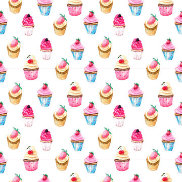 Watercolor seamless pattern with sweet dessert elements. Cupcakes with berries on a white background.
