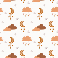 Lovely pattern with hearts, clouds, moon. Vector holiday background. Valentine's Day. Gift wrap, print, cloth, cute background for a card.