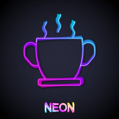 Glowing neon line Bowl of hot soup icon isolated on black background. Vector