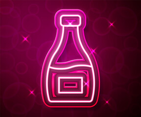 Glowing neon line Sauce bottle icon isolated on red background. Ketchup, mustard and mayonnaise bottles with sauce for fast food. Vector