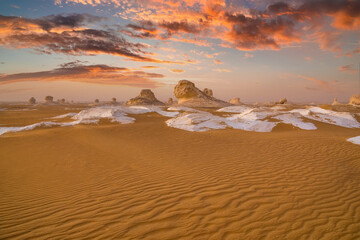 Chalk rocks in the White Desert at sunset. Egypt, Baharia