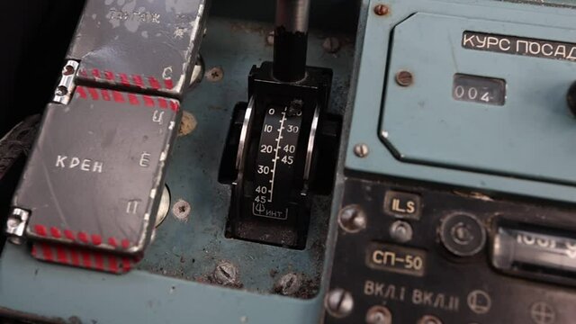 Flaps lever with a scale in the Russian strategic missile carrier Tu-160. Very close. Bomber cockpit. Museum exhibit. Full hd.120 fps