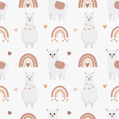 Seamless vector pattern with llama (alpaca), hearts and rainbows. Baby background for wrapping paper, greeting cards, design. © Alina