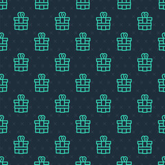 Green line Gift box icon isolated seamless pattern on blue background. Vector