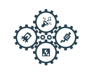 vector images, icons and logos with car parts, batteries, transmission, electrical equipment, engines and other special equipment. Car service. Auto parts store.