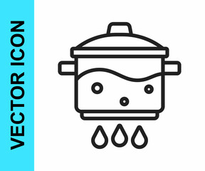 Black line Cooking pot on fire icon isolated on white background. Boil or stew food symbol. Vector