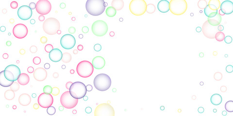 Soapy bright multicolored bubbles fly randomly on a white background. Vector illustration