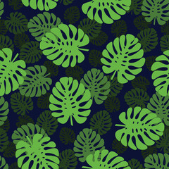 Seamless pattern with the image of the leaves of the monstera on a dark blue background