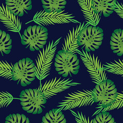 Fototapeta na wymiar Seamless pattern with the image of palm leaves and monstera on a dark blue background. Tropical print of exotic plants.