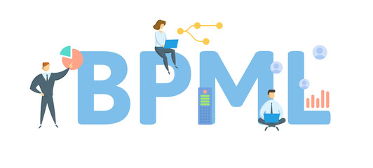 BPML, Business Process Modeling Language. Concept with keyword, people and icons. Flat vector illustration. Isolated on white.